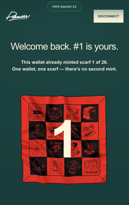 A digital promotional page from 'mint.pauser.cz' reading 'Welcome back. #1 is yours' and 'This wallet already minted scarf 1 of 26', displaying a red bandana-style scarf with a large '1'.