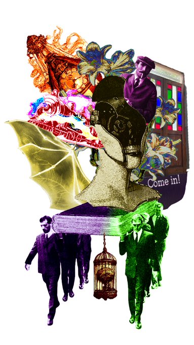 A surreal collage features a skeletal figure with an exposed mechanical head, surrounded by men in suits, ornate gold designs, a bat wing, a stained glass window, and a "Come in!" sign.