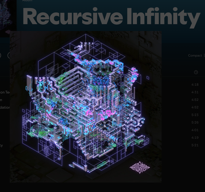 A vibrant, neon-lit isometric artwork titled 'Recursive Infinity' featuring a complex, colorful futuristic city or structure against a dark background.
