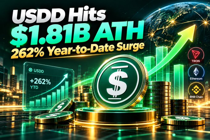 A promotional graphic featuring a gold coin with a dollar symbol against a space/Earth backdrop, announcing 'USDD Hits $1.81B ATH' with a '262% Year-to-Date Surge' and logos for Tron, Ethereum, and BNB Chain.