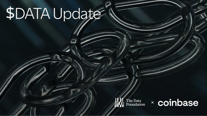 The image features a dark, glossy close-up of metal chains interlocked against a black background, with the text "$DATA Update" in the upper left corner and logos for "The Data Foundation" and "coinbase" at the bottom, visually reinforcing the announcement of the $DATA token's listing on Coinbase.