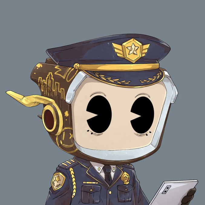 Digital artwork of a robot character dressed in a police officer uniform with a star-adorned cap, holding a tablet.