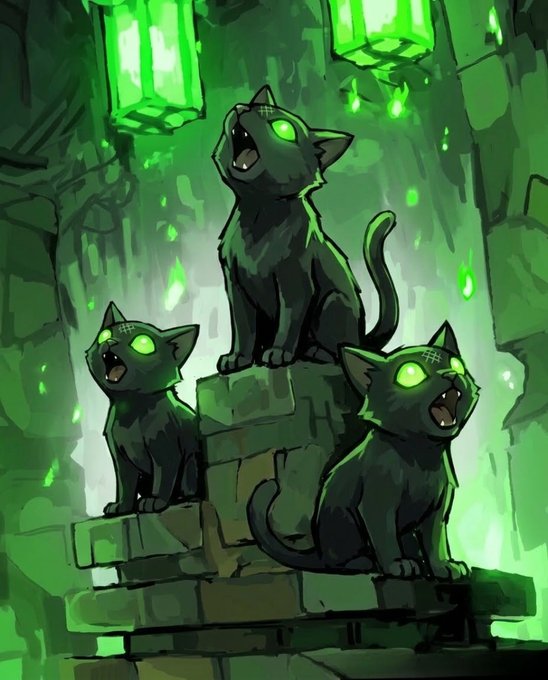 A digital illustration shows three dark gray cats with glowing green eyes, sitting on stone blocks in a green-lit dungeon, all with their mouths open in a meowing or hissing pose.