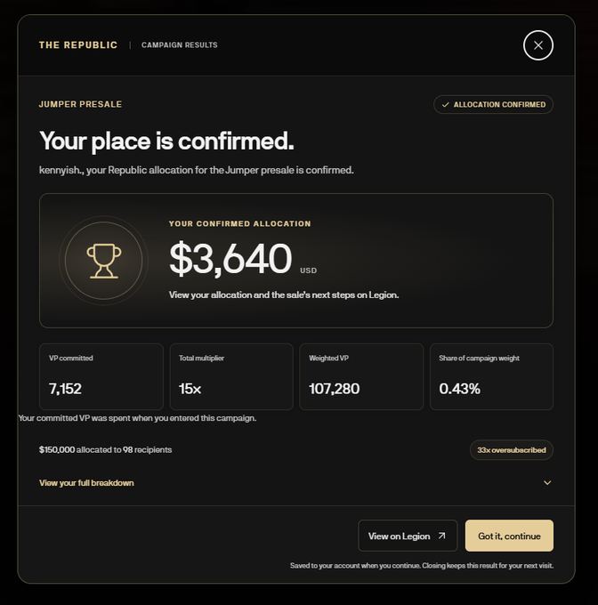 A dark-themed confirmation screen for 'The Republic' showing a confirmed Jumper presale allocation of $3,640 USD for user 'kennyfish'.