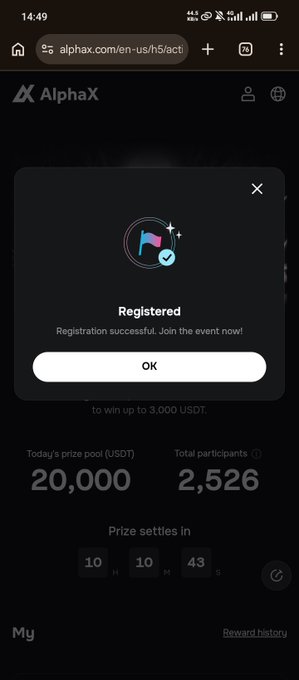 An AlphaX mobile screen showing a successful registration confirmation, a 20,000 USDT prize pool, 2,526 participants, and a countdown timer.