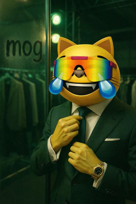A figure wearing a green suit and tie adjusts their collar, with a large crying laughing cat emoji (with rainbow sunglasses) superimposed over their head, standing in front of a glass door with 'mog' visible on it.