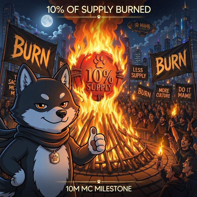 The image is a digital illustration depicting an animated dog standing next to a fire pit with burning wood. The title of the image reads "10% of supply burned", which suggests that a significant portion of the dog's supply has been consumed, leaving only 10% remaining. In addition to this information, there are text elements placed on and around the dog in white, green, and black colors. These elements provide context about the fire pit or an event happening nearby.