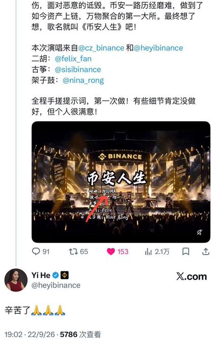 A screenshot of a Chinese-language post by Yi He (@heyibinance) on X, describing a song performance titled '币安人生' (Binance Life) with collaborators including @cz_binance, @heyibinance, @felix_fan, @sishinance, and @nina_rong, showing 91 replies, 65 reposts, 153 likes, and 21,000 views.
