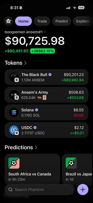 A screenshot of a crypto portfolio showing $90,725.98 with a +38,662.15% gain, primarily held in "The Black Bull" ($90,201.23, 1.12M $ANSEM). The image illustrates the post's message about the life-changing gains from holding $ANSEM tokens.