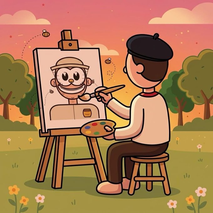 A cartoon illustration of a painter with a beret sitting on a stool in a park, working on a canvas depicting a smiling face, while bees fly around.