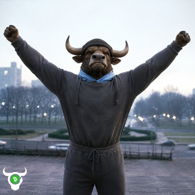 The popular 'Bull' meme from GetBulled features a person wearing a bull mask, hoodie, and sweatpants with arms raised triumphantly in a park setting, with a Bitcoin logo in the corner.