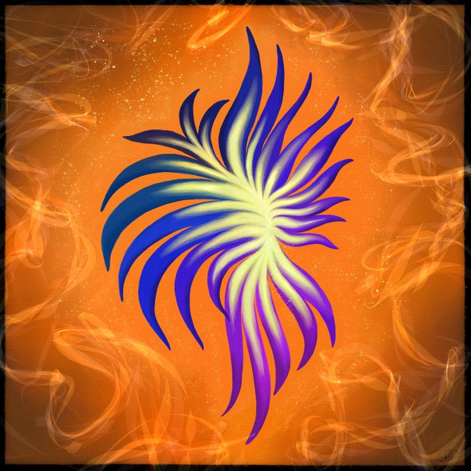 A vibrant digital artwork featuring a swirling, flame-like design in blue, purple, and cream tones against an orange, smoke-textured background.