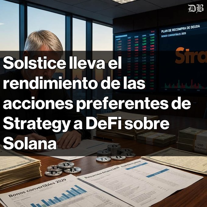 The image shows a businessman at a desk reviewing financial documents with charts, "Bonos convertibles 2029" paperwork, and digital screens displaying "PLAN DE RECOMPRA DE DEUDA" and "BONOS CONVERTIBLES 2029" with stock tickers, overlaid with the Spanish headline "Solstice lleva el rendimiento de las acciones preferentes de Strategy a DeFi sobre Solana."

This visual relates to the post by illustrating the traditional financial context—featuring Strategy's convertible bonds and debt buyback plans—that Solstice Finance is bridging to Solana's DeFi ecosystem through its strcUSX token, which offers 7%+ and 20%+ APY yields on STRC preferred stock exposure without ownership rights.