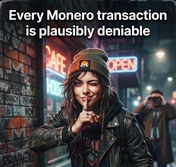 Promotional graphic reading 'Every Monero transaction is plausibly deniable' showing a woman in a leather jacket and Monero-branded beanie making a 'shush' gesture in front of a graffiti-covered brick wall with neon 'CAFE OPEN' signs.