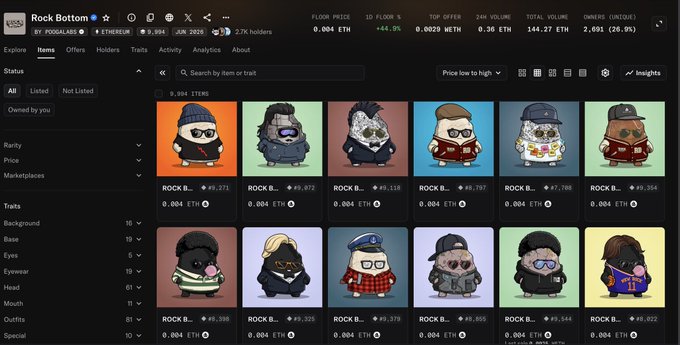 A screenshot of an NFT marketplace page for "Rock Bottom" collection on DogeOS (DOS) network, showing various pixel-art character avatars with floor price 0.004 ETH.