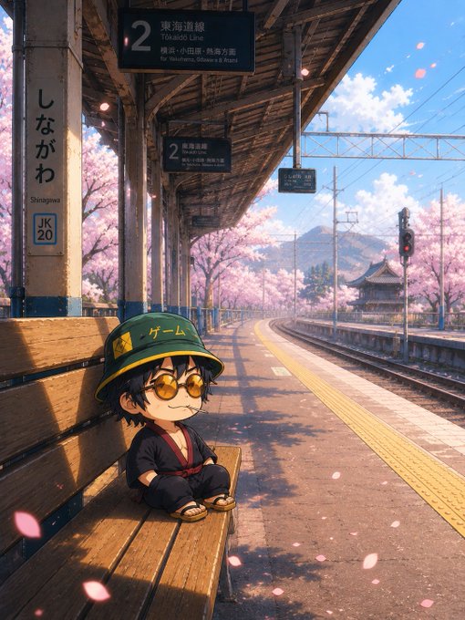A chibi character sits on a bench at Shinagawa Station, surrounded by cherry blossoms, perfectly fitting the "chibi time" theme of the post. The sign above indicates "Tokaido Line" and "JK20".