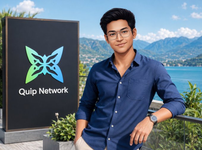 A young man with glasses stands next to a black sign that reads 'Quip Network' with a teal butterfly logo, against a backdrop of mountains and ocean.