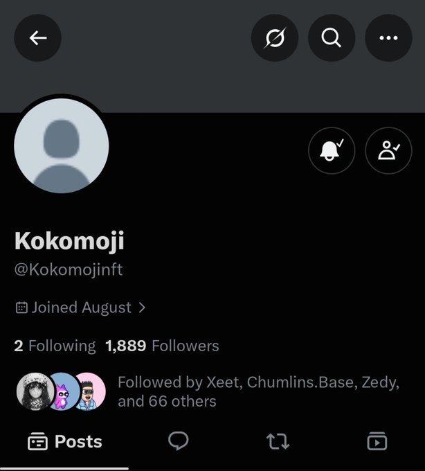 A Twitter profile page for 'Kokomoji' (@Kokomojinft) showing 1,889 followers and a joined date of August.