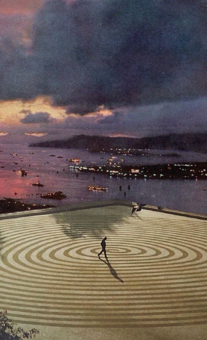 An artistic composite image showing a silhouette of a person running across a patterned circular plaza, set against a twilight coastal seascape with boats and a distant shoreline.