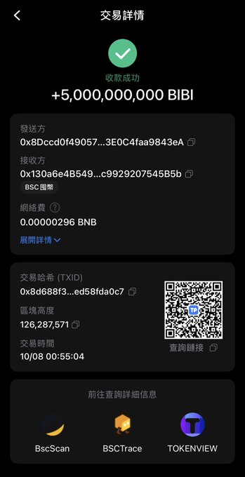 Image 10 shows a successful cryptocurrency transaction confirmation screen in Chinese, displaying a transfer of "+5,000,000,000 BIBI" tokens with a green checkmark, transaction hash, block height "126,287,571", and links to BscScan, BSCTrace, and TOKENVIEW.