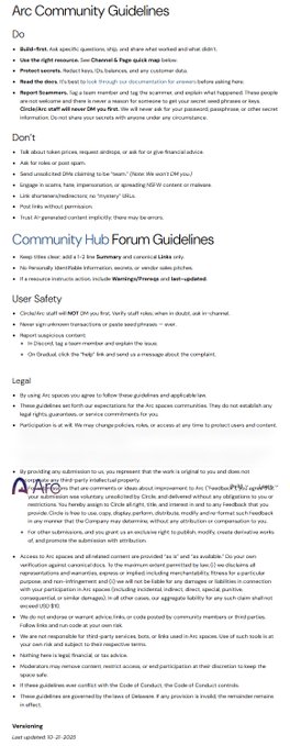 Arc Community Guidelines document with sections on Do's, Don'ts, Community Hub Forum Guidelines, User Safety, and Legal, last updated 10-21-2022.