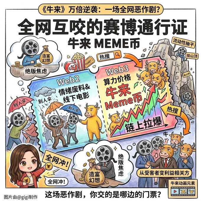 A Chinese-language infographic titled '全网互咬的赛博通行证' (roughly 'Web Pass the Whole Network is Biting For') discusses the 牛来 (Niulai) meme coin, contrasting Web2 and Web3 approaches with cartoon illustrations.