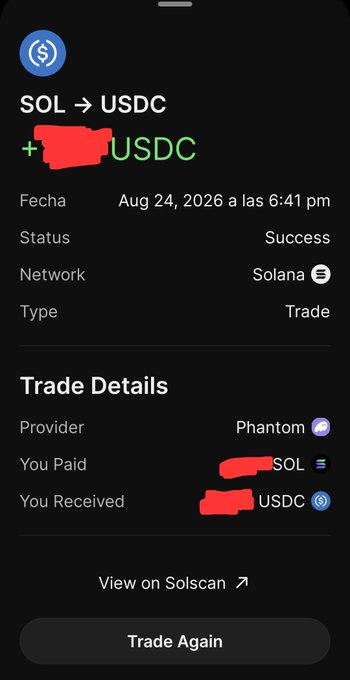 A cryptocurrency transaction confirmation on Phantom wallet showing a successful SOL to USDC trade on the Solana network dated Aug 24, 2026.
