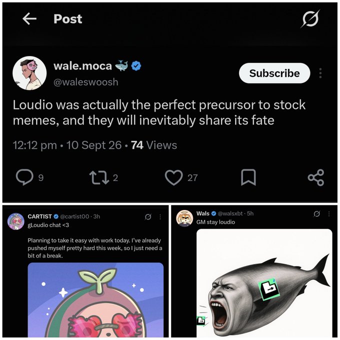 A social media post by user 'wale.moca' (@waleswooh) reads 'Loudio was actually the perfect precursor to stock memes, and they will inevitably share its fate,' accompanied by two related meme posts below.