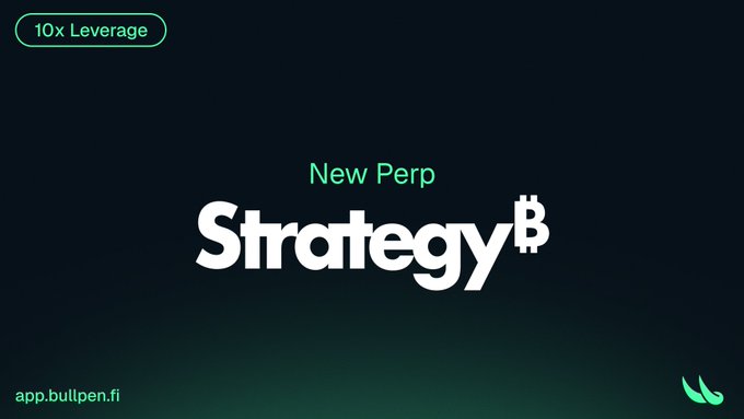 A dark promotional graphic for Bullpen features "10x Leverage" in a green badge at the top left, "New Perp" in green above the large white text "Strategy ₿", with "app.bullpen.fi" displayed at the bottom left and a green Bullpen logo at the bottom right. The image directly mirrors the post's announcement by highlighting Strategy's new perpetual futures contract ($STRC) now available for trading on the platform with up to 10x leverage.