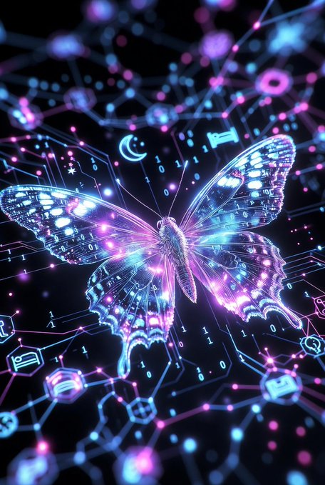 The image features a butterfly with blue wings, surrounded by a network of lines and dots that appear to be connected to various data points or symbols. The butterfly is positioned centrally within the frame, drawing attention as the main subject. The background consists of a black canvas filled with different shapes and patterns, creating an abstract backdrop for the butterfly.

The image also contains text elements related to web3, such as "@QuipNetwork" and "@NucleusCodes", which may suggest that this butterfly is part of a larger ecosystem or project involving blockchain technology. The butterfly's presence in the image could symbolize the interconnectedness of various aspects within the digital world, where different ideas and projects collaborate to create something new and innovative.