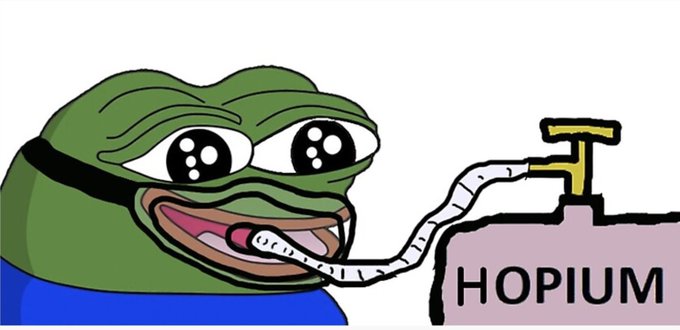 A cartoon Pepe the Frog with teary eyes drinks from a tube connected to a tank labeled 'HOPIUM'.