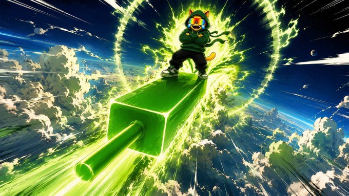 Anime-style artwork of a character with a cat-eared hood standing on a large green mallet, surrounded by glowing green energy rings above the clouds.