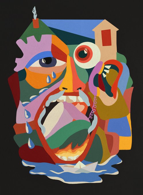 A colorful cubist-style illustration of a screaming face with exaggerated features including a large open mouth, a bulging eye, tears, a candle on its head, and a house shape on top, set against a black background.