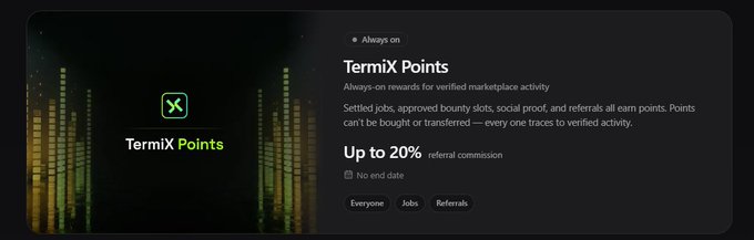 Promotional banner for "TermiX Points" explaining the loyalty rewards system, noting points are always-on and earned through settled jobs, approved bounty slots, social proof, and referrals, with up to 20% referral commission.