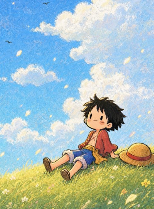 A pastel-style illustration of a young boy with messy black hair lying in a grassy field of flowers, wearing a red shirt and blue shorts, with his straw hat beside him under a cloudy blue sky.