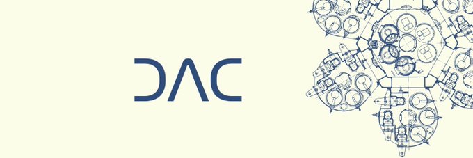 A minimalist banner with a cream background, featuring a blue stylized 'DAC' logo on the left and a circular pattern of small line-drawn objects on the right.