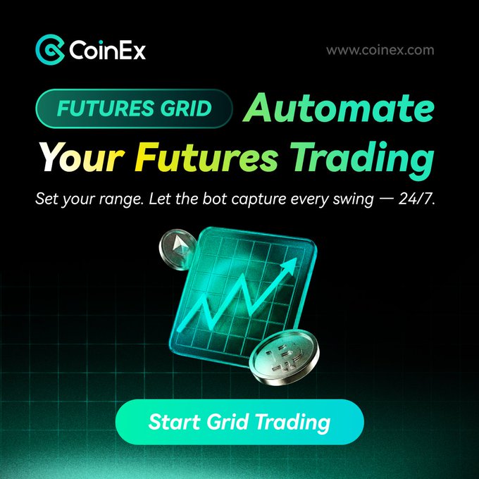 A CoinEx promotional graphic for "Futures Grid" with the tagline "Automate Your Futures Trading — Set your range. Let the bot capture every swing — 24/7," featuring a stylized trading chart icon alongside Ethereum and Bitcoin coins, complementing the post's message about profiting from sideways market action.
