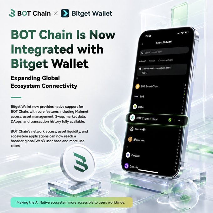 An announcement that 'BOT Chain Is Now Integrated with Bitget Wallet,' featuring a smartphone displaying BOT Chain as a selectable network in the wallet app.