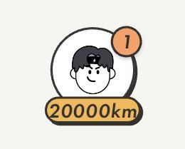 A simple cartoon illustration of a person's face inside a circle with a notification badge showing '1' and a label below reading '20000km'.