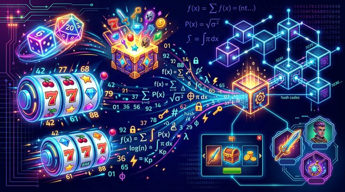 A colorful digital illustration depicts online gambling with slot machines, dice, mathematical formulas like 'f(x)=', and cryptographic hash codes overlaid on a circuit board background.