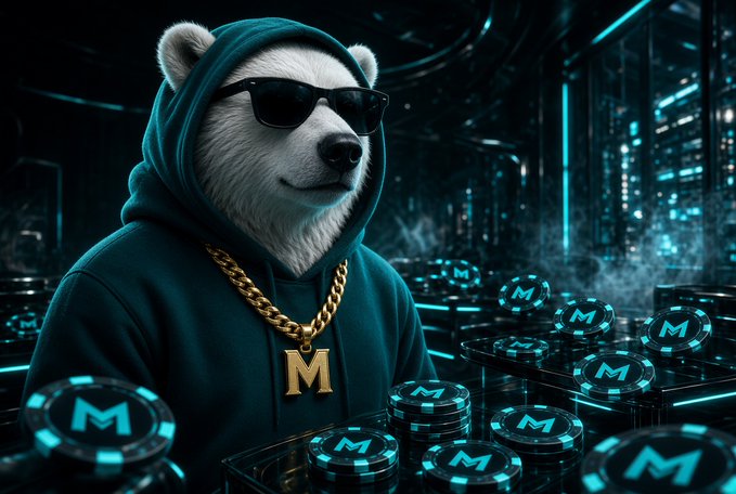 A 3D-rendered polar bear mascot wearing sunglasses, a teal hoodie, and a gold chain with an 'M' pendant, surrounded by glowing teal 'M' cryptocurrency coins in a dark cityscape.