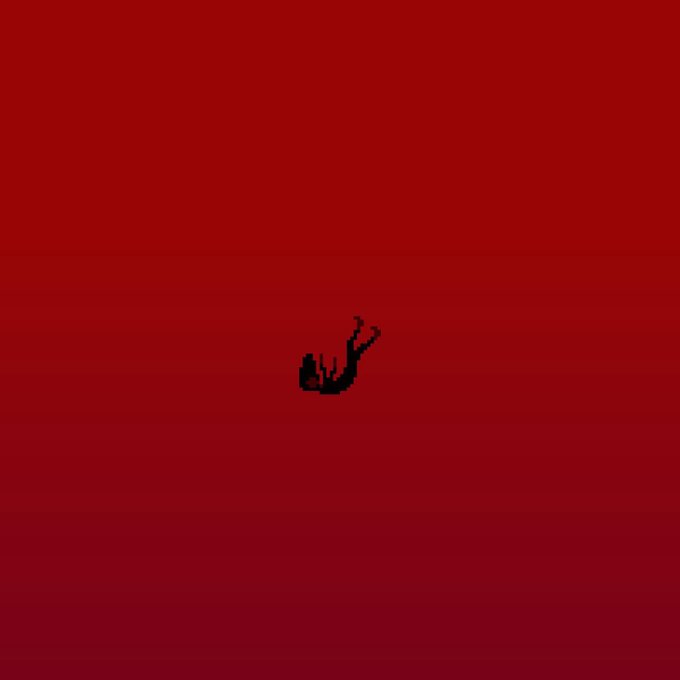 A minimalist illustration of a small figure falling or floating against a dark red gradient background.