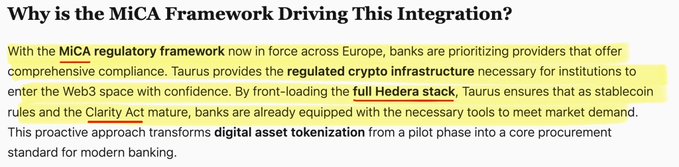 The image features a highlighted article titled "Why is the MiCA Framework Driving This Integration?" discussing how Taurus leverages the MiCA regulatory framework and the Hedera full stack to provide banks with compliant crypto infrastructure amid evolving stablecoin rules and the Clarity Act. Key terms like "MiCA regulatory framework," "regulated crypto infrastructure," "full Hedera stack," and "digital asset tokenization" are highlighted, directly supporting the post's claim that Hedera's full crypto stack is prepared for MiCA and the Clarity Act compliance.