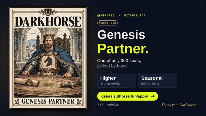 A promotional graphic for 'DARKHORSE' as a 'Genesis Partner' with Bitcoin RGB accepted, depicting a crowned king at a table and offering benefits like 'Higher airdrop weight' and 'Seasonal profit sharing'.