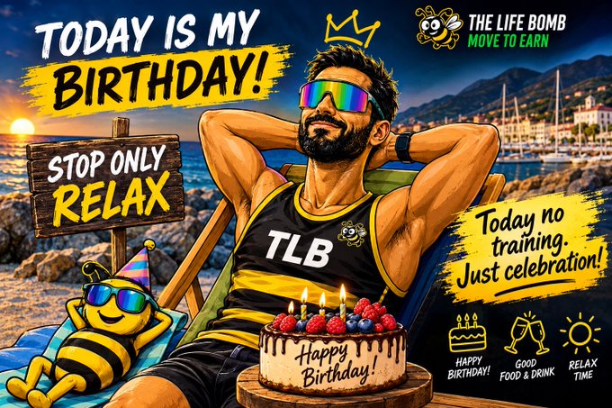 A cartoon birthday graphic featuring a bearded man in sunglasses relaxing on a beach chair wearing a 'TLB' tank top, with a birthday cake and text including 'TODAY IS MY BIRTHDAY!', 'STOP ONLY RELAX', and 'THE LIFE BOMB MOVE TO EARN'.