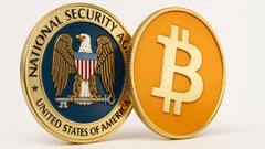 A 3D-rendered coin featuring the National Security Agency (NSA) seal overlapping with a gold Bitcoin (₿) symbol, symbolizing the intersection of government surveillance and cryptocurrency.