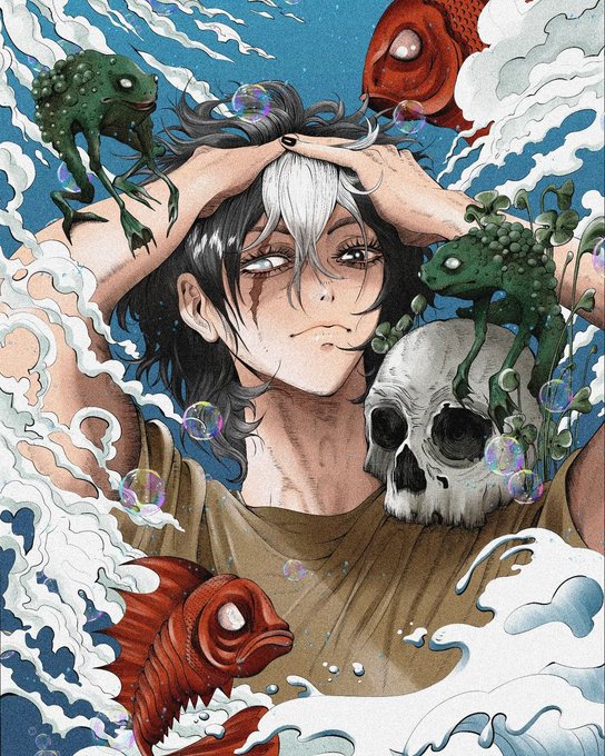 An anime-style illustration depicts a young man with black and white hair holding his head, surrounded by green frogs, a skull, red fish, and bubbles against a blue wave background.