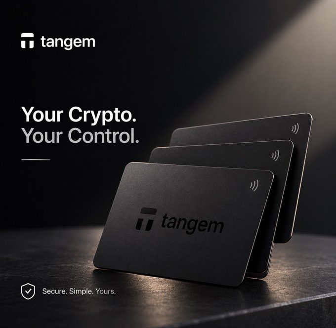 Advertisement for Tangem crypto hardware wallets with the tagline 'Your Crypto. Your Control.' and 'Secure. Simple. Yours.', showing three black cards branded with the Tangem logo.