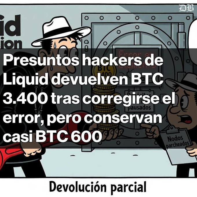 A cartoon illustration of two thieves with the Spanish headline 'Presuntos hackers de Liquid devuelven BTC 3,400 tras corregirse el error, pero conservan casi BTC 600' and 'Devolución parcial' at the bottom.