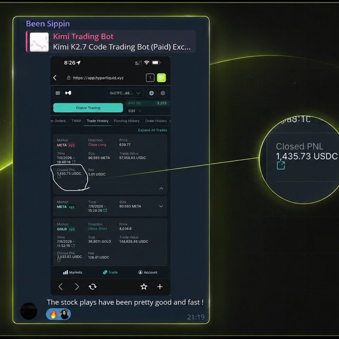 A Telegram message from 'Kimi Trading Bot' showing a closed PNL of 1,435.73 USDC on a trade for META xyz, with a caption 'The stock plays have been pretty good and fast!'.